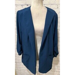 SKIES ARE BLUE Collarless Open Blue Blazer Ruched Sleeves Plus Size 2X